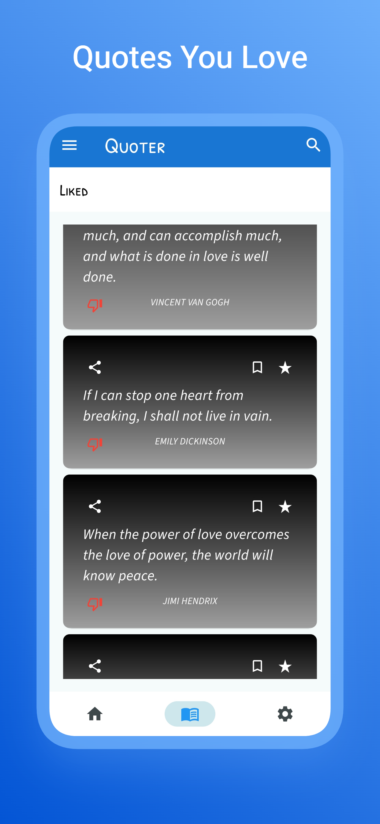 Quoter liked quotes screen with saved quote cards
